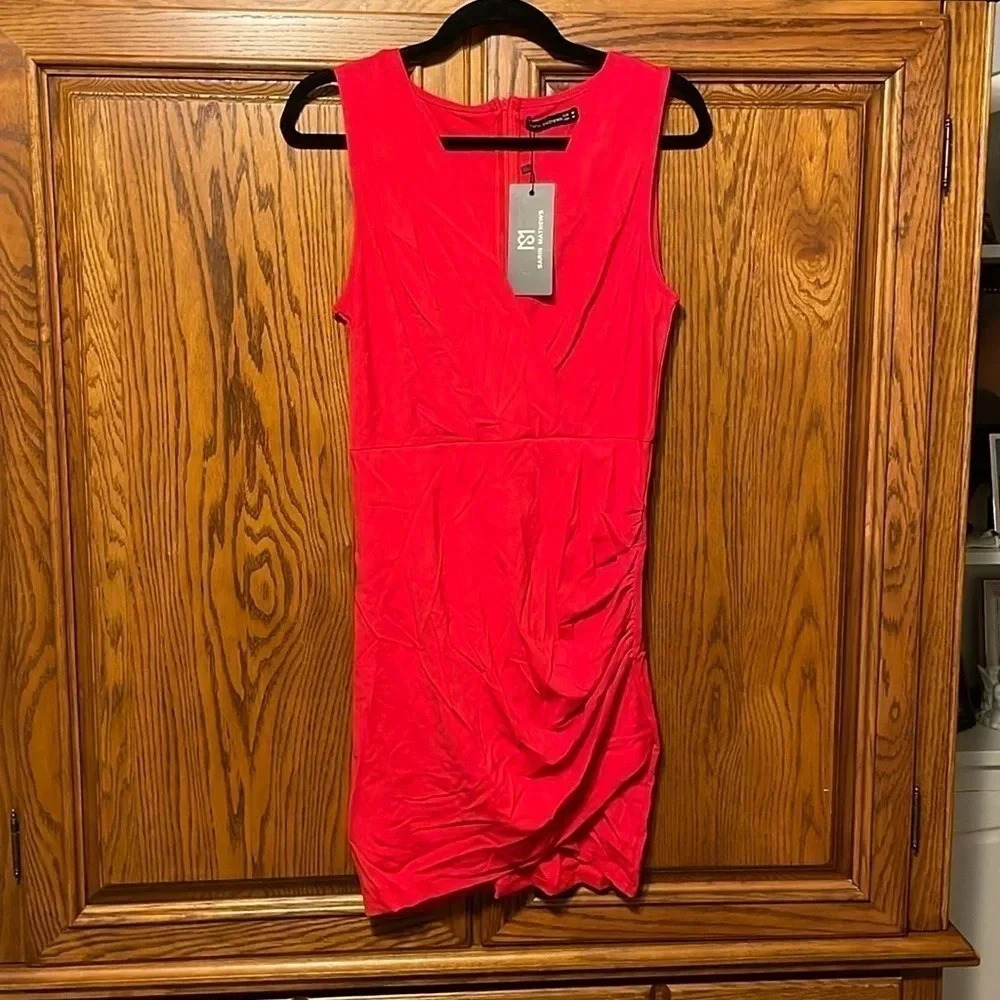 Sarin Mathews Womens Deep V Neck Bodycon Mini Dress Sleeveless Ruched Wrap dress